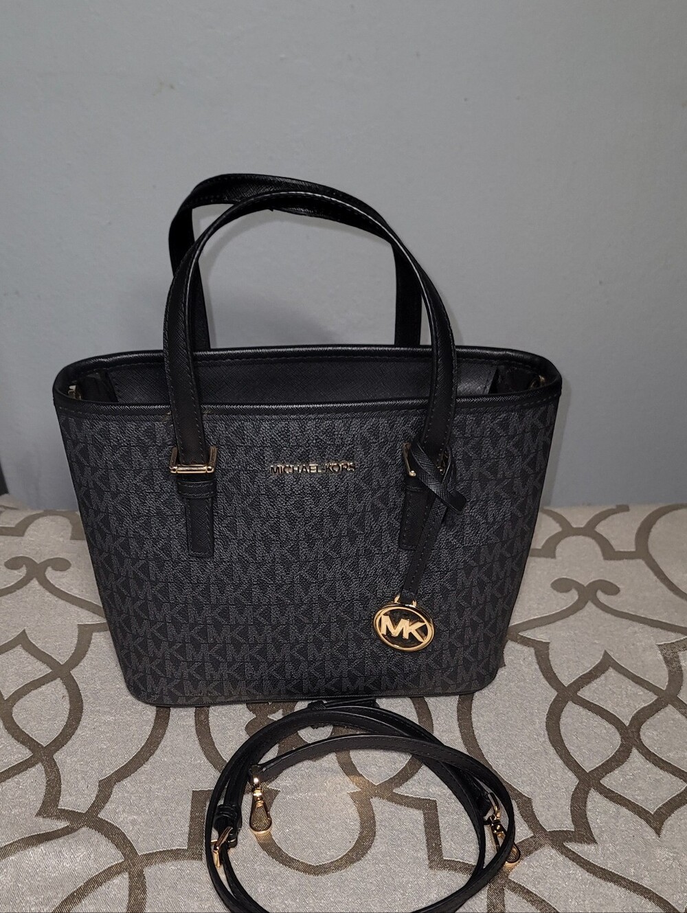 Michael Kors Black MK Logo Tote with Gold Accent Charm - Picture 3 of 7